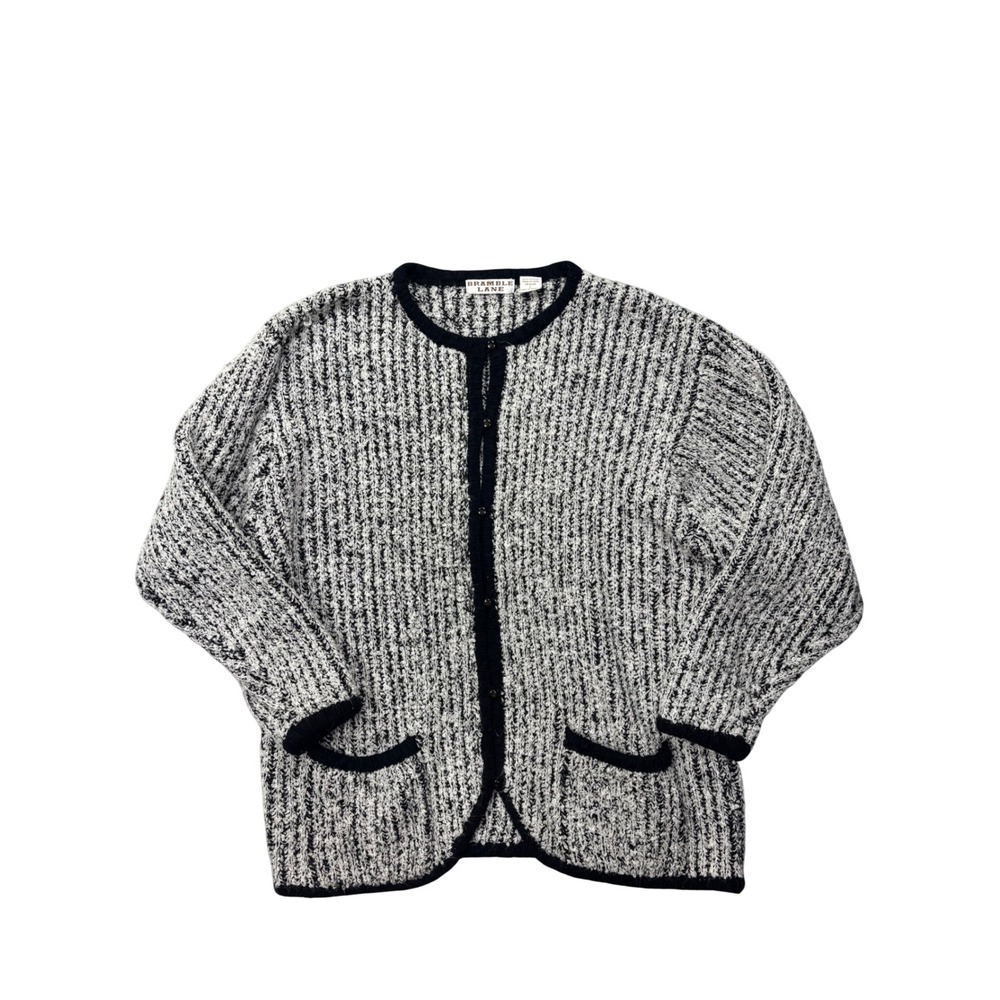 Vintage 90s Bramble Lane Black White Textured Knit Cardigan Sweater Large